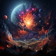 Wall Mural - fantasy alien planet. fantasy alien planet with colorful landscape. space nebula, planets, explosion