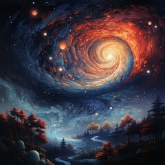 Wall Mural - Fantasy landscape with forest, river and starry sky. 3d rendering. Beautiful night landscape with forest and colorful spiral galaxy at sky. Vector illustration. Beautiful art of power of universe