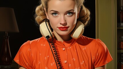 Poster - A woman in an orange shirt talking on a telephone. Generative AI image.