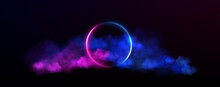 Abstract Technology Futuristic Neon Circle Glowing Blue And Pink  Light Lines With Speed Motion Blur Effect On Dark Blue Background.