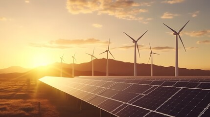 Group of mills for electric power generation. Image of the renewable energy. Solar power plant and Windmills aerial view. Renewable energy. Green tech. Generative Ai.