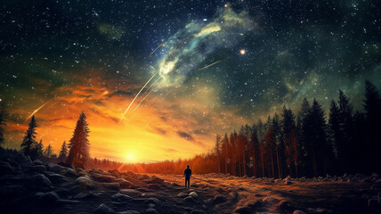 landscape stargazing in the summer meteor shower night. Generative AI