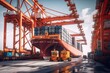 Loading a container ship at cargo berth of the seaport using port cranes. Containers are stacked and secured on board the cargo ship. Global transportation and logistic concept. 3D illustration.