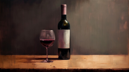 Wall Mural - a bottle of wine and a glass of classic oil painting. Generative AI