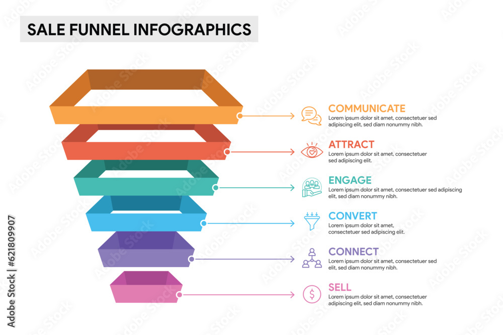 7 Level Sells 6 level sales funnel diagram concept. 3D Infographic template ...