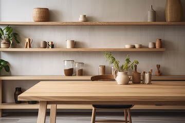 Wall Mural - empty wooden desk, shelf, or table with a blurred picture of an ethnic dining area with a table, chairs, and shelves. Generative AI