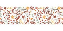 Vector Horizontal Seamless Background With Autumn Leaves And Berries. Seasonal Fall Banner Design For Greeting Or Promotion.