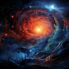 Wall Mural - Fantasy landscape with planet and galaxy.  Art oil painted spacescape - Spiral Galaxy and nebula  in space, computer generated abstract background. Digital illustration.