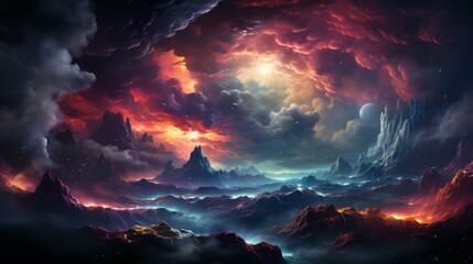 Wall Mural - fantasy landscape of fiery planet with glowing stars, nebulae, colorful massive clouds and falling a