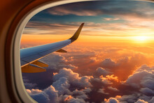 Wing Of An Airplane Flying Above The Clouds At Sunset, View From The Window. Travel Content. Generative AI.