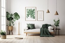 Design Sofa, Tropical Plant, Pillows, Blanket, Gramophone, And Mock Up Picture Frames Are All Featured In This Stylish Scandinavian White Room. Modern Living Area With White Walls And Brown Oak Parque