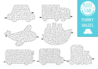 Wall Mural - Transportation geometrical maze set for kids. Preschool printable activity shaped as car, truck, plane, ship, bus. Water, air, land, railway transport labyrinth game or puzzle collection for children.
