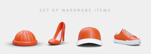 Set Of Accessories From Wardrobe. Hats And Shoes. Beanie Hat, Womens High Heel Shoe, Baseball Cap, Sneakers. Color Modern Icons. Vector Blanks For Categories