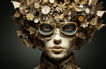 Canvas Print - A mannequin with a clock and gears on it's head. Generative AI image.