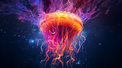 Poster - fantastic glowing jellyfish, ocean alien underwater creature. Generative AI