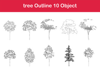 tree line drawing, Side view, graphics trees elements single object outline minimal plant symbol for architecture and landscape design. Vector illustration in stroke fill in white. forest, tropical.