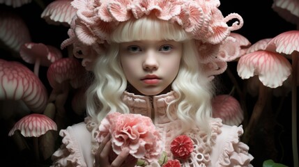 Wall Mural - A young girl with white hair wearing a pink hat and holding flowers. Generative AI image.
