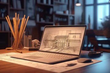 Workplace of an architect, interior designer, engineer. Laptop with a project on the monitor, blueprints, drawing tools and home decor on the table. Remote work concept. Mockup, 3D illustration.