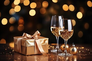 Aufkleber - happy new year 2024 background new year holidays card with bright lights,gifts and bottle of hampagne. Happy Chinese New Year Greeting Card, banner, invitation or poster, print.