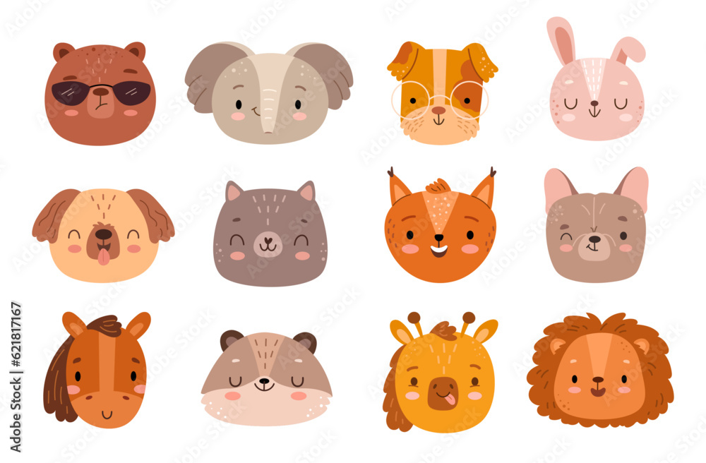 Animals face stickers. Cute animal kawaii funny emoji or avatar of bear ...