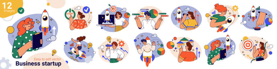 Poster - Startup and business development, services for company. Vector flat cartoon characters set, professional employees staring organization or setting profitable enterprise or corporation