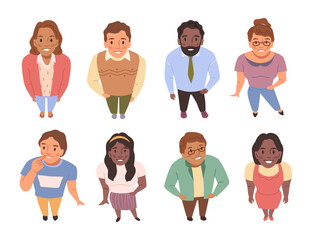 Aufkleber - People looking up, happy excited men, women watching in sky, positive emotions. Flat cartoon vector illustration of man and woman standing and gazing upward, multi ethnic characters