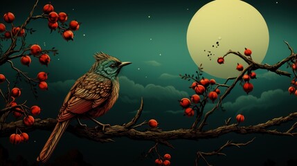 A bird sitting on a branch of a tree in front of a full moon. Generative AI image.