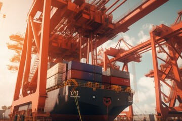 Loading a container ship at cargo berth of the seaport using port cranes. Containers are stacked and secured on board the cargo ship. Global transportation and logistic concept. 3D illustration.