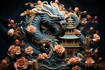 Aufkleber - Happy chinese new year 2024 the dragon zodiac sign with flower,lantern,asian elements gold paper cut style on color background. Happy Chinese New Yea