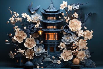 Aufkleber - Happy chinese new year 2024 the dragon zodiac sign with flower,lantern,asian elements gold paper cut style on color background. Happy Chinese New Yea