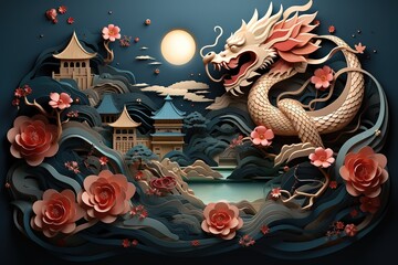 Aufkleber - Happy chinese new year 2024 the dragon zodiac sign with flower,lantern,asian elements gold paper cut style on color background. Happy Chinese New Yea