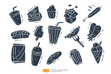 Toast Sandwich, Cone Ice Cream, Fork Sausage Doodle Icon. Fast Food, Cuisine And Drink Solid Icon Set Vector Illustration