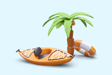 Realistic kayak, striped lifebuoy, coconut tree. Active sports recreation on seashore, ocean. Summer natural explorer concept. Color vector illustration