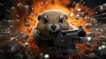 Wall Mural - A hamster is holding a gun in front of a explosion. Generative AI image.