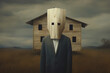 Surrealistic mystical illustration, a faceless man in a mask instead of a head against the background of an abandoned house in a field