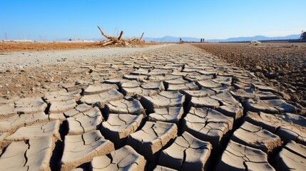 Poster - A dry, cracked road in the middle of a desert. Generative AI image.