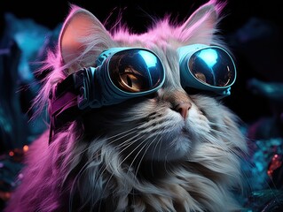 Wall Mural - White cat wearing VR headset, surreal worlds and colorful, black in the background and purple light. Generative AI