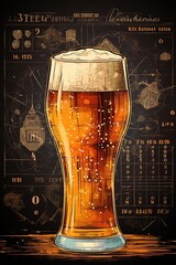 Beer pint blueprint artwork print design. Sketch over black background. Generative Ai illustration