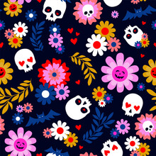 Sculls With Colorful Flowers And Red Heart On Dark Blue Background. Seamless Pattern Foe Halloween Or Day Of The Dead