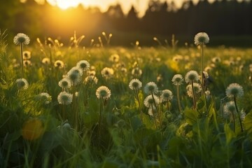 Wall Mural - Meadow dandelions sunset. Generate Ai