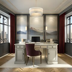 Designer interior of an office or home office in modern apartment, white desk, Asian furniture, generative AI