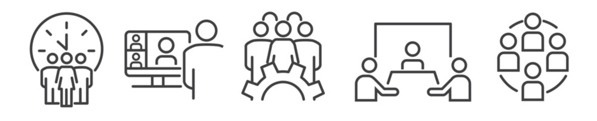 business meeting, video conferencing and team communication - thin line icon set