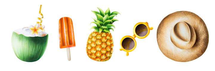 Watercolor set of illustrations with straw hat, pineapple, ice cream on a stick, coconut cocktail with straw and sunglasses. Tropical fruit isolated on white background. For designers, spa decora