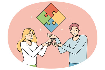 Canvas Print - Happy businesspeople showing jigsaw puzzle coming to shared business conclusion or solution. Smiling colleagues solve problem. Teamwork and cooperation. Vector illustration.