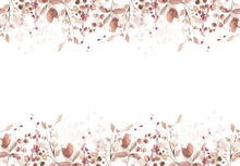 Watercolor Painted Seamless Border On White Background. Orange And Pink Autumn Wild Flowers, Branches, Leaves And Twigs