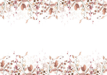 Watercolor painted seamless border on white background. Orange and pink autumn wild flowers, branches, leaves and twigs