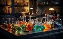 A Row Of Flasks Filled With Different Colored Liquids. AI