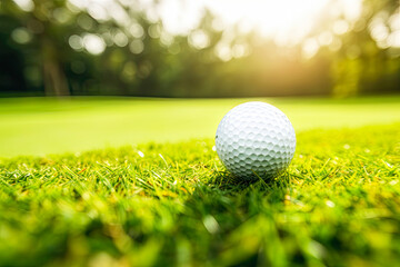 Wall Mural - White golf ball on green grass at sunset with course background. Selective focus and bokeh effect. Golf and pitch and putt.