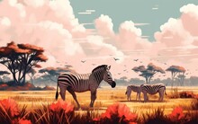 Three Zebras Standing In A Field. AI