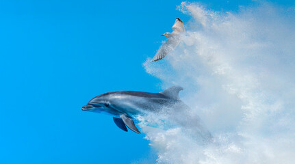 Poster - Dolphin jumping on the water of strong sea wave with seagull